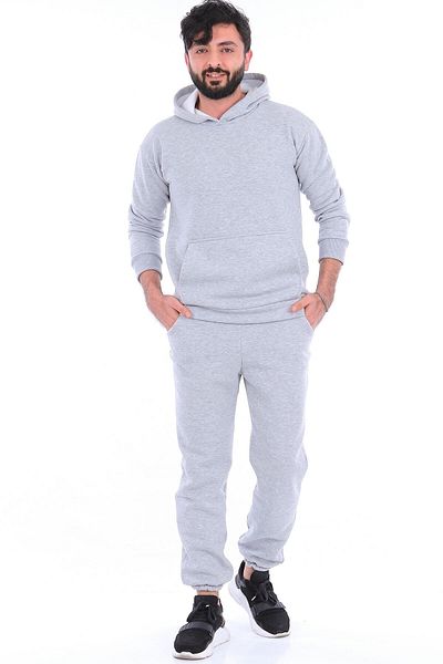 MollyTekstil Men's Unisex Gray Hooded 3 Thread Oversize Tracksuit Set