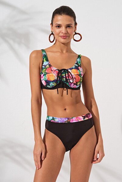Pierre Cardin Siyah Melt Çiçek Desenli Toparlayıcı Ayarlanabilir Sürgülü Bağcıklı Bikini Takımı Yüksek Bel