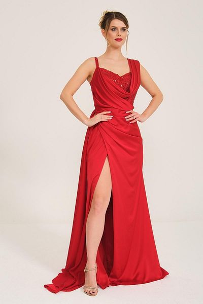 SpringStore Rochie de seara din satin brodata cu piatra rosie
