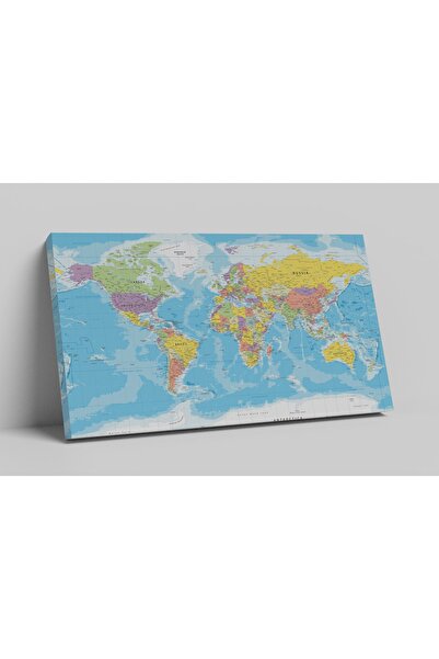 MapofX Tek Parça Detaylı Kanvas Dünya Haritası - Coğrafya Öğrenme Aracı - Mavi Temalı 90x55cm