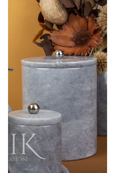 MIARIK DESIGN & DEKORASYON Dekoratif Gri Mermer Çöp Kovası Gümüş Top Detaylı