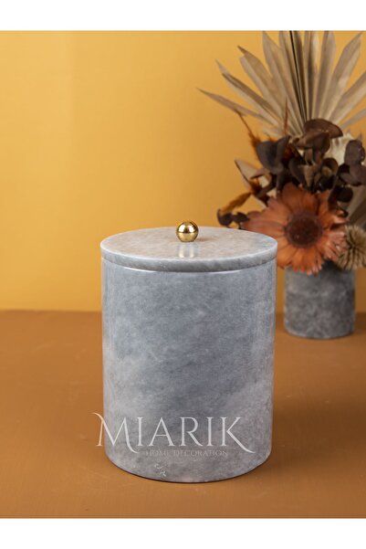 MIARIK DESIGN & DEKORASYON Dekoratif Gri Mermer Çöp Kovası Gold Top Detaylı