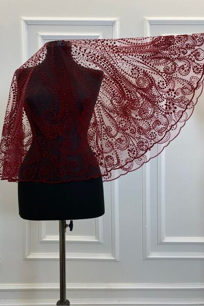 ZEYMERADE Bordo Simli Komple Desenli Gelin Duvak Seti, Kına Duvağı