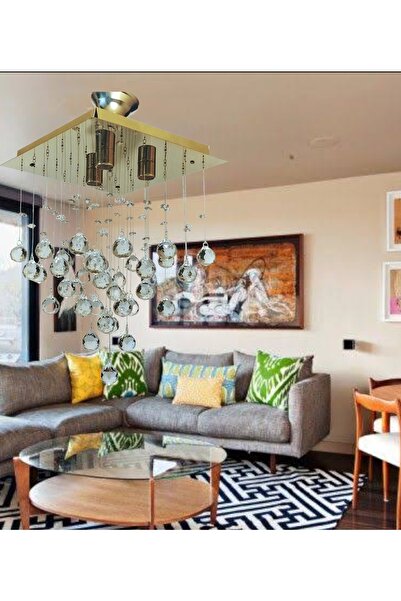 öalpa Yağmur Kare 3'lü Sarı Paslanmaz Çelik Kristal Taşlı Modern Ve Tasarım Avize