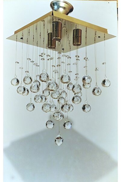 öalpa Yağmur Kare 3'lü Sarı Paslanmaz Çelik Kristal Taşlı Modern Ve Tasarım Avize