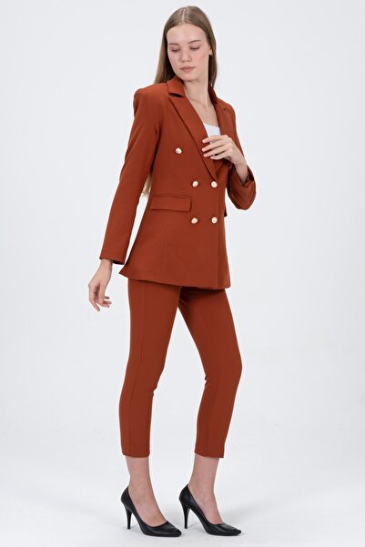 diaves Kadın Kiremit Blazer Ceket Kemerli Cepli Boru Paça Pantolon Takım