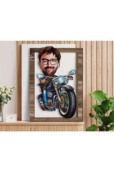 Bk Gift Kişiye Özel Erkek Motorcu Karikatürlü 3d Ahşap Tablo, Sevgiliye Hediy...