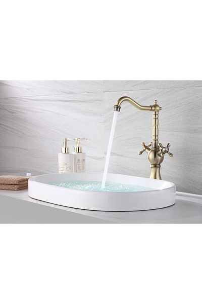 İSAOĞLU YAPI Matte Gold Bowl Sink Mixer Vintage Faucet Antique Gold Sink Mixer