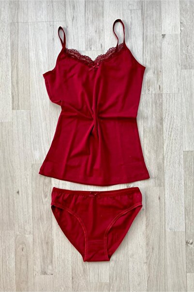 VicTroy 6 Pieces Rope Suspender Lace Cotton Undershirt and Panties Set (ECRU, BLACK, SALMON, NAVY, CLARET DAMSON, WHITE, GRAY)