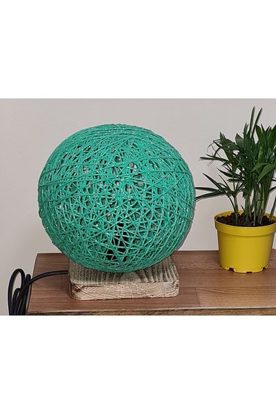 TEKAY AYDINLATMA Green Jute Handmade Rope Knitted Globe Lampshade, Wooden Base, E 14 Lampholder