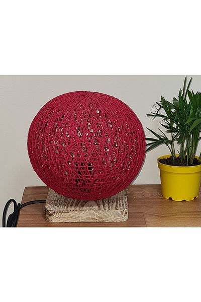 TEKAY AYDINLATMA Red Jute Handmade Rope Knitted Globe Lampshade, Wooden Base, E 14 Lampholder
