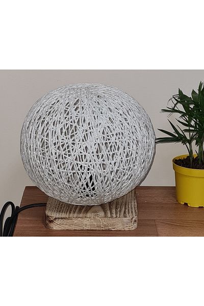 TEKAY AYDINLATMA White Jute Handmade Rope Knitted Globe Lampshade, Wooden Base, E 14 Lampholder