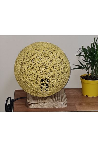 TEKAY AYDINLATMA Yellow Jute Handmade Rope Knitted Globe Lampshade, Wooden Base, E 14 Lampholder