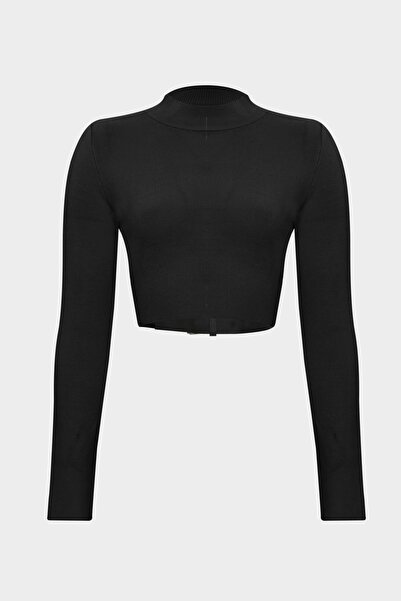 Açelya Okcu Pulover de tricotaj detaliat cu centură la spate decupată pe jumătate pescar