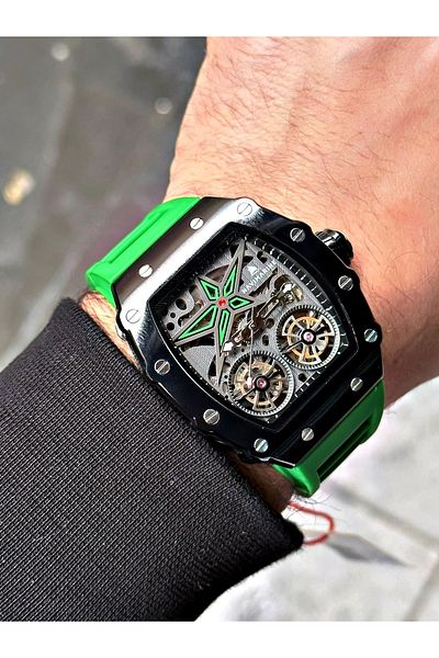Navimarine Green Color Automatic Business Original Double Turbine Silicone Sports Wristwatch + Bracelet Gift