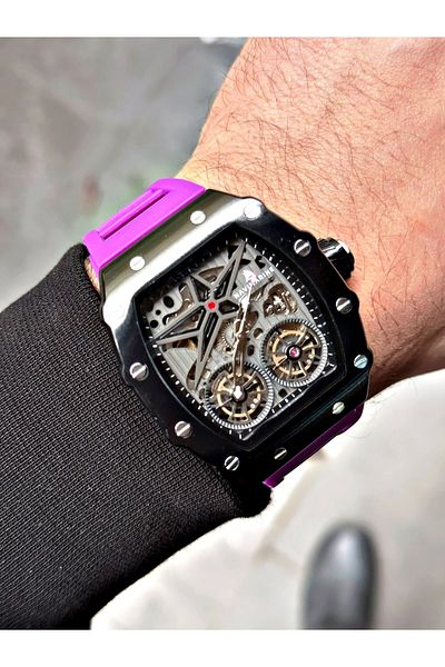 Navimarine Purple Color Automatic Business Original Double Turbine Silicone Sports Wristwatch + Bracelet Gift