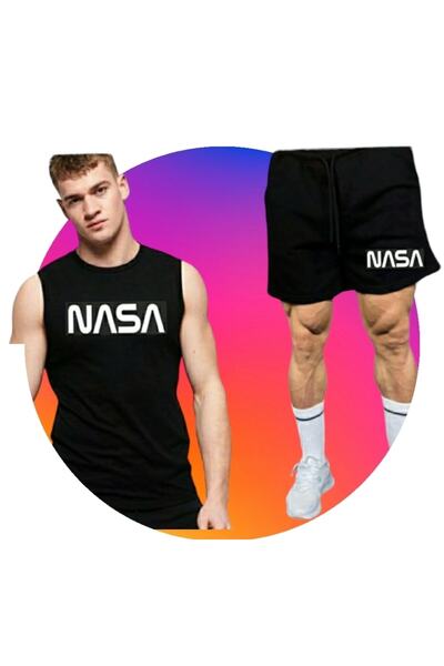 ELSİ قميص داخلي رياضي نحيف مطبوع يدويًا من Nasa مع شورت قطني ممشط، عبوة من قط...