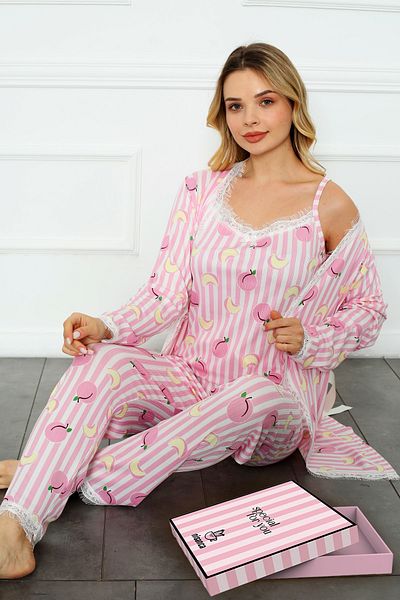 nisaNCa Set de pijamale 3 piese pentru femei cu halat și cutie de zestre - Pijamale pentru femei din dantelă cu cutie - Mărime mare