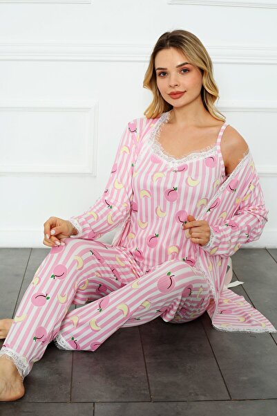 nisaNCa Sabahlıklıklı 3 Parça Çeyizlik Kutulu Kadın Pijama Takımı- Dantelli Kutulu Kadın Pijama- Geniş Beden