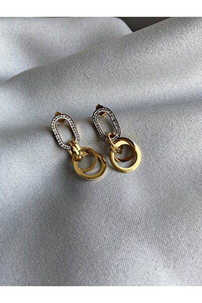 Zirkon Taşlı Oval Ve Halka Sallantılı Küpe