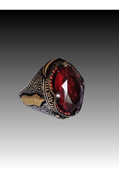 Bien Kılıç Figürlü Kırmızı Zirkon Taşlı 925 Ayar Gümüş Yüzük