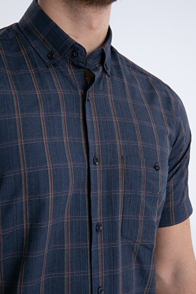 Varetta Men's Navy Blue Short Sleeve Checkered Pocket Collar Buttoned Shirt