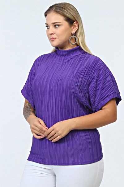 Seamoda Plus Size Comfortable Stand Collar Straight Pleated Blouse - Purple