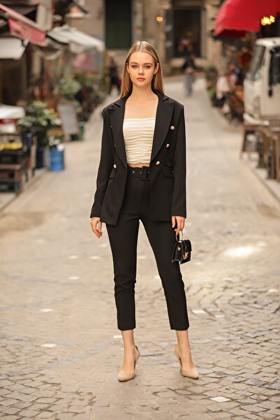 diaves original designs Siyah Blazer Ceket Kemerli Cepli Boru Paça Pantolon Takım