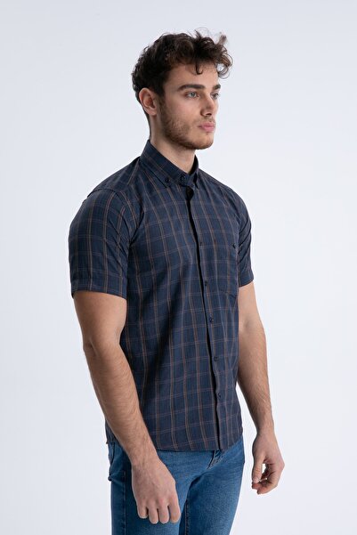 Varetta Men's Navy Blue Short Sleeve Checkered Pocket Collar Buttoned Shirt
