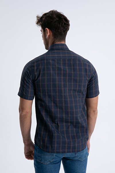 Varetta Men's Navy Blue Short Sleeve Checkered Pocket Collar Buttoned Shirt