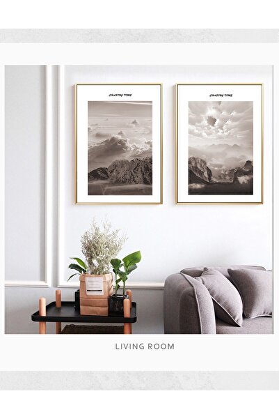 Linacci Ikili Gold Alüminyum Metal Çerçeveli Doğa Dağlar Soft Poster Tablo Seti