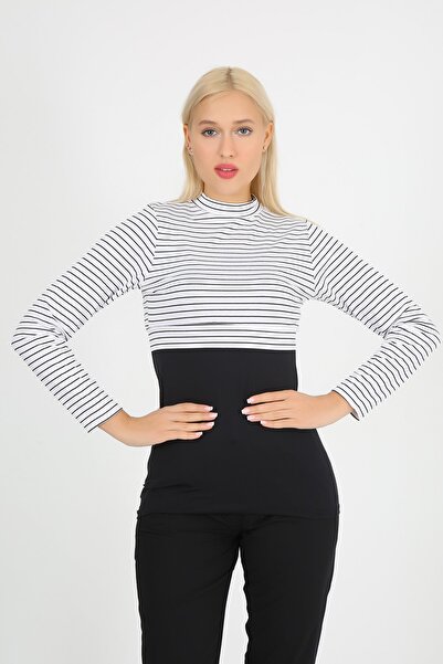ModaCanel Crop Likralı Beyaz Siyah Çizgili Crop İçlik
