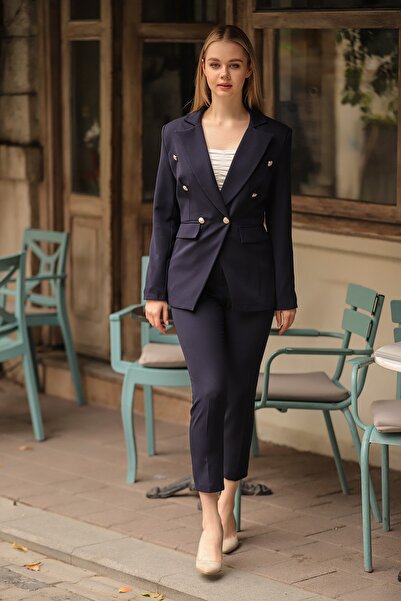 diaves original designs Lacivert Blazer Ceket Kemerli Cepli Boru Paça Pantolon Takım