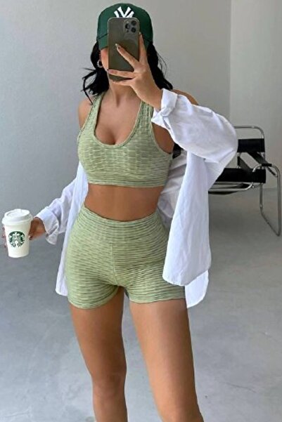 lovebox Women's Green Cross Banded Crop Blouse and Shorts Set 1252