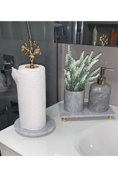 Sümeyra Marble Art Σετ μπάνιου Aria - Φυσικό Γκρι Μάρμαρο |   4 τεμάχια | χρυσό |   Χάρτινη πετσέτα