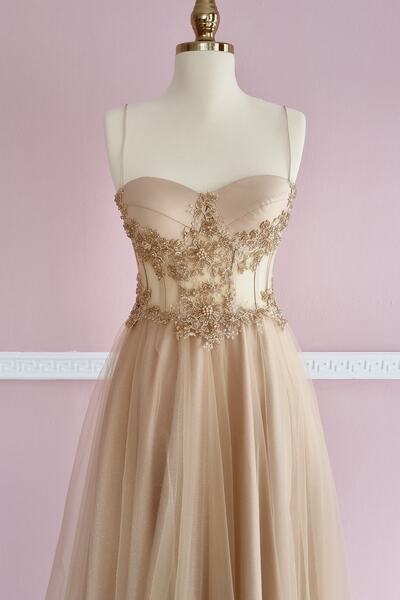 Lenta Moda Nude Transparent Crystal Embroidered Lace Detailed Glitter Evening Dress and Wedding Dress