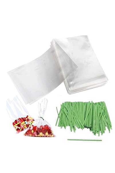 Big Party Kurabiye Jelatini Şeffaf Parlak Poşet, 50'li Yeşil Puantiyeli Tel Klips Hediyeli