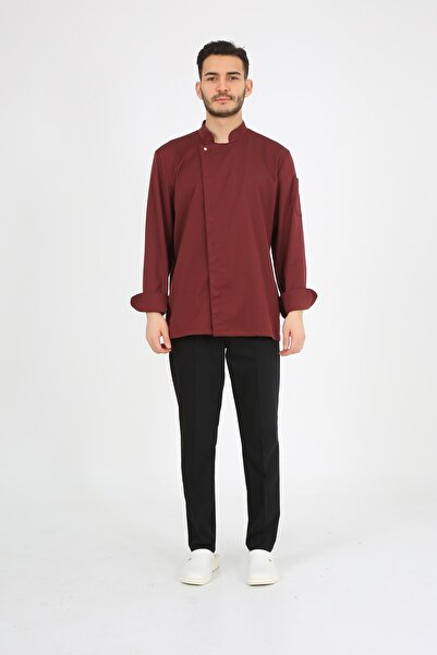 ModaCanel Claret Red Chef Jacket Lycra Gabardine Fabric Unisex Cafe Restauran...