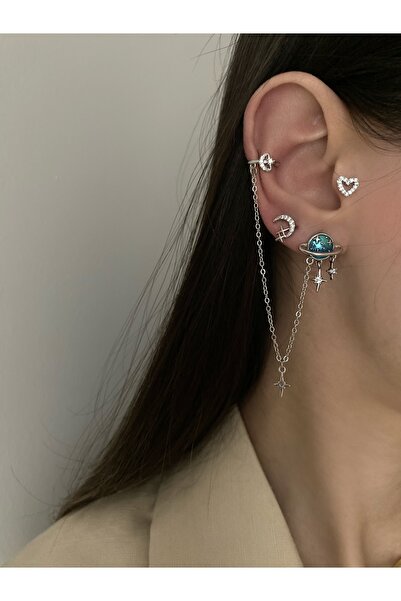Okkostore Gezegenli Earcuff Detaylı Sallantılı 3'lü Küpe