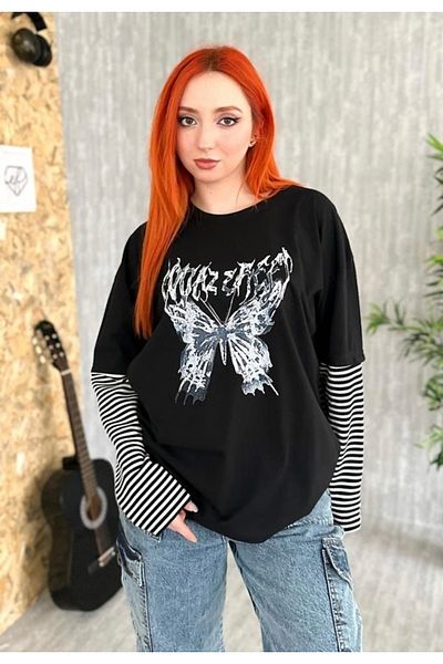 Gofeel Butterfly Printed Patterned Sleeve Striped Black Color Unisex T-Shirt
