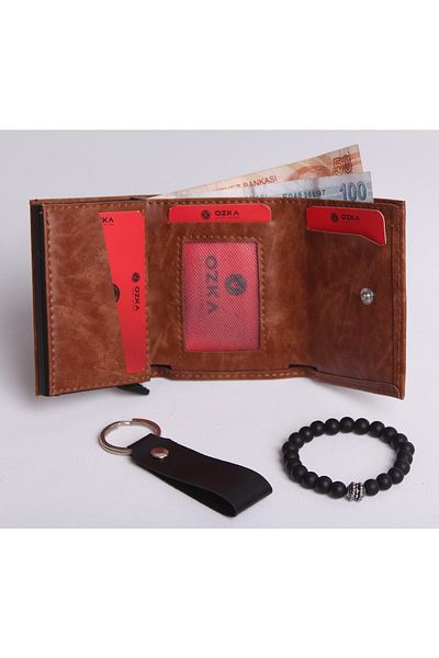 Ozka Leather Collection Нов модерен луд кожен портфейл с автоматичен механизъм - подарък за ключодържател и гривна