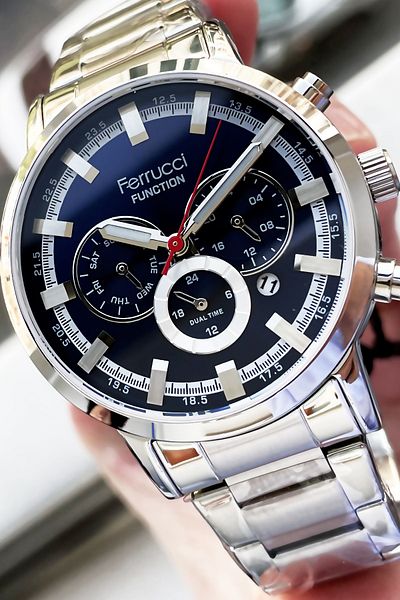 Ferrucci Function Men's Wristwatch 3 ATM Waterproof Silver Color Steel Strap + Bracelet Gift Elg188
