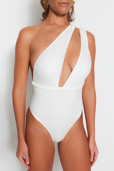 Trendyol Collection Ecru Single Shoulder Accessory Regular Leg Swimsuit TBESS23MA00236