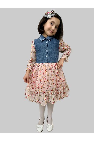 Esterella Girl's Denim Dress/ Denim Shirt Collar Dress/ Floral Patterned Chiffon Dress/with buckle