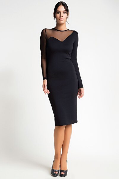 MissKybele Büyük Beden Likralı Biri Tül Uzun Kol Bisiklet Yaka Göğüs Tül Dekolteli Diz Altı Esnek Elbise