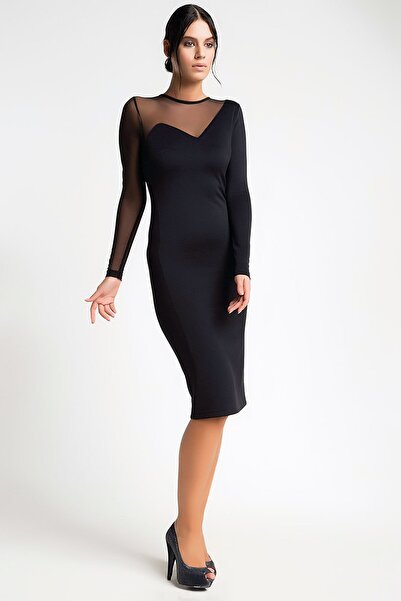 MissKybele Büyük Beden Likralı Biri Tül Uzun Kol Bisiklet Yaka Göğüs Tül Dekolteli Diz Altı Esnek Elbise