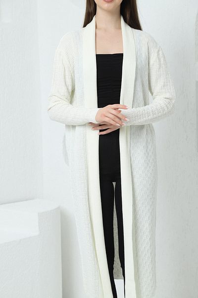 VEGENZE Women's Ecru Straw Patterned Long Knitted Cardigan