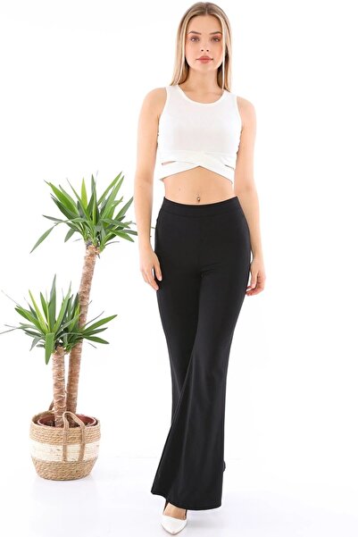 manolyabutik بنطلون إسباني ذو أرجل واسعة وخصر مرتفع من نسيج الغوص للسيدات