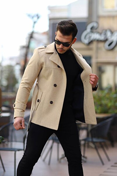 Ser Joven Ανδρικό παλτό με κασέτα σε μπεζ λεπτή εφαρμογή