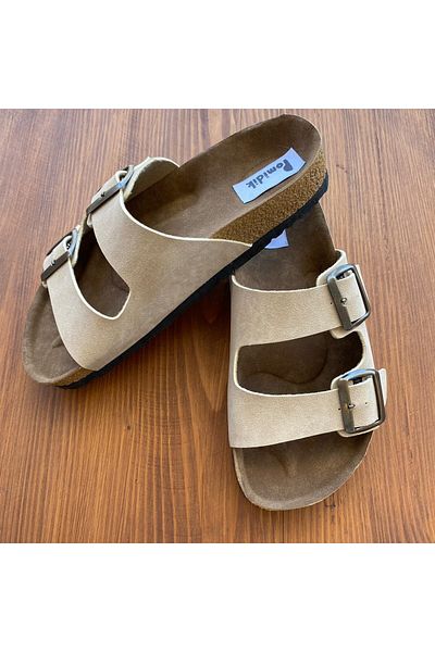 Pomidik Γυναικείες παντόφλες μπεζ Nubuck με διπλή πόρπη